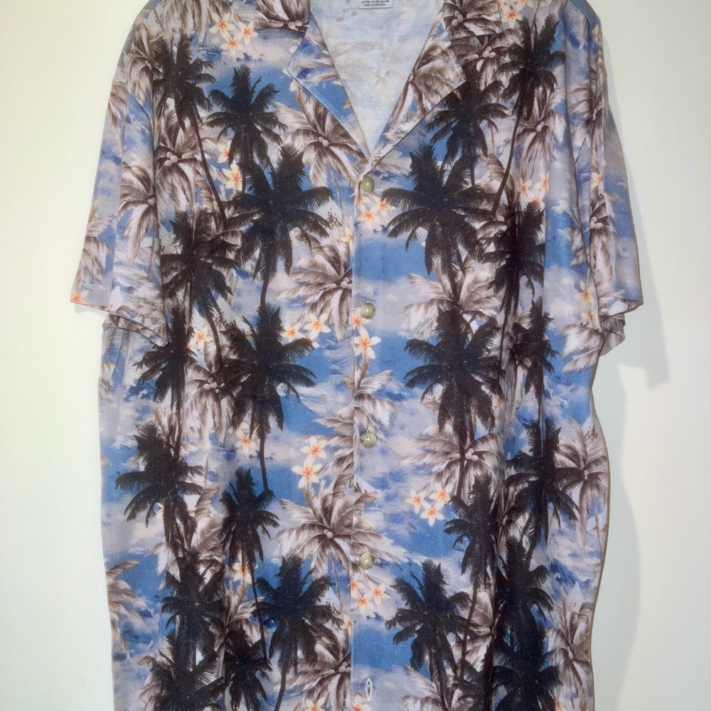 Zara Men’s Beachy Blue and Black Casual Button Down Shirt with Scenic Design